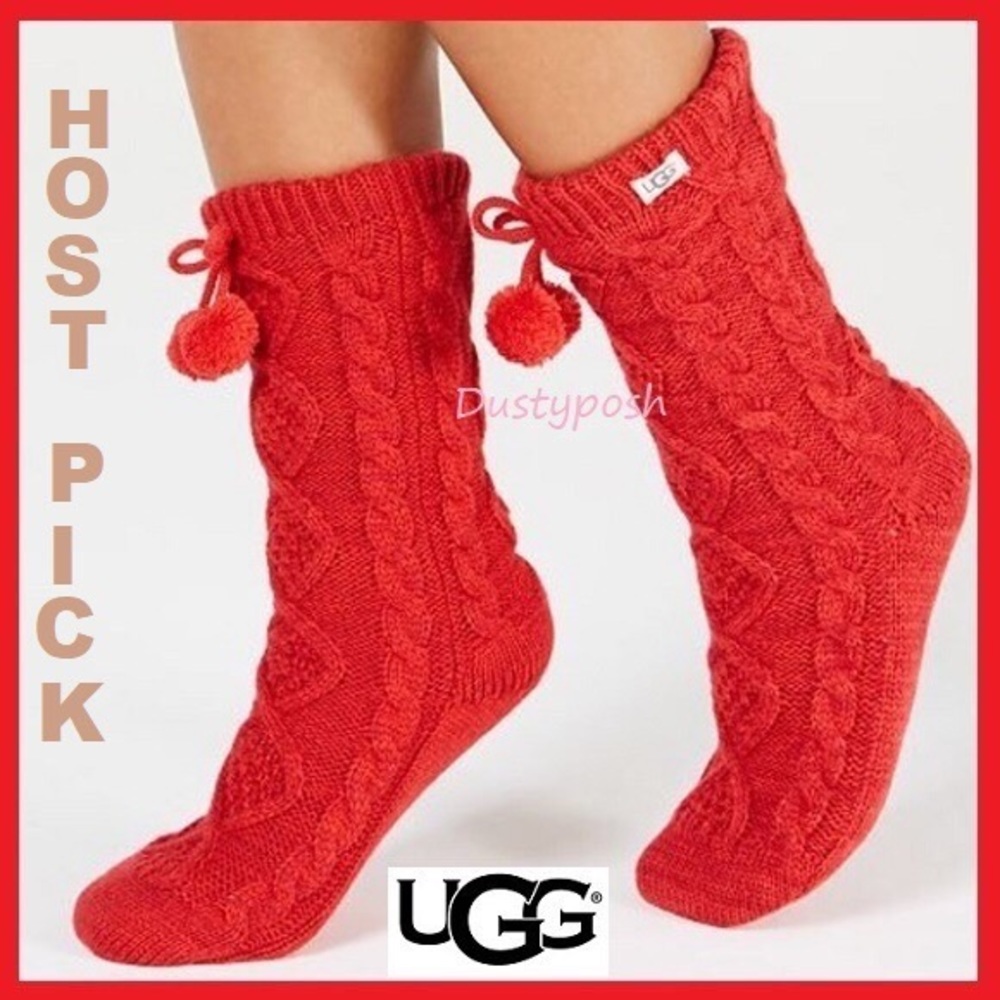 HP🎉 UGG Fleece Lined Pom Pom Socks Cozy Boot Cute New Cream Oatmeal Red Pink - Picture 3 of 8